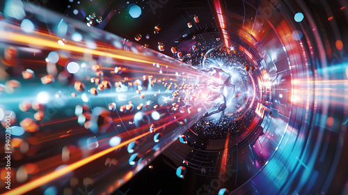 Detailed illustration of the interactions between quarks and gluons within a proton in a particle collider