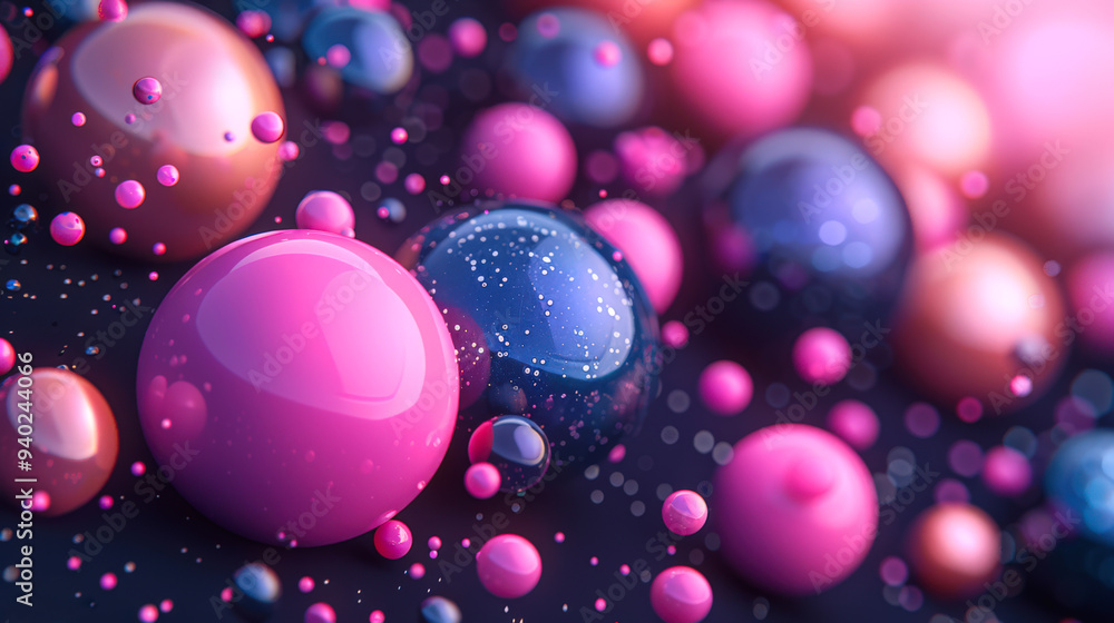 A close-up of a variety of colorful spheres, some of which are pink and some are blue. Abstract background A close-up of a variety of colorful spheres, some of which are pink and some are blue. Abstract background