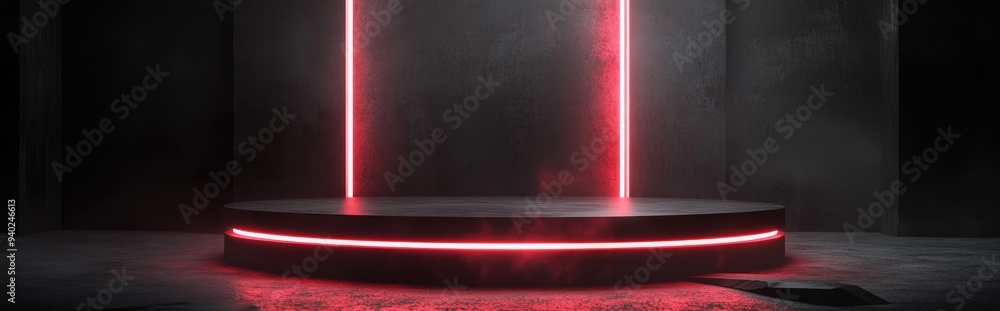 Obraz premium 3D rendered black scientific podium featuring neon lighting Geometric stand for Sci Fi presentations