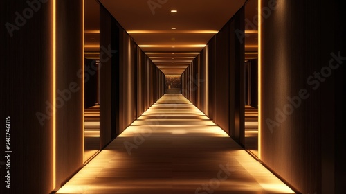 3D Rendering of a Realistic Dimly Lit Corridor with Illuminated Flooring