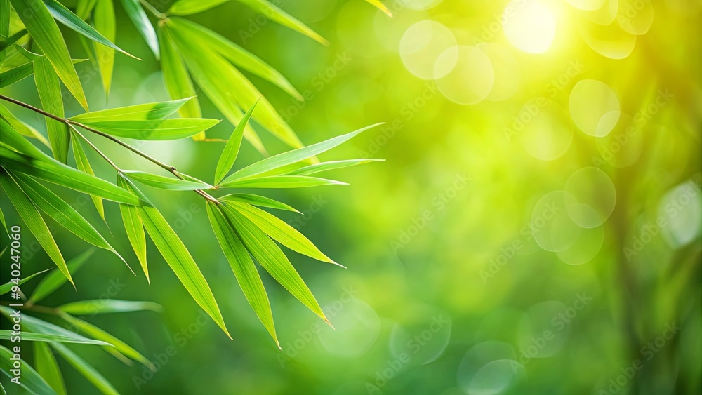 Obraz premium Abstract green Bamboo leaf with blurred foliage background in garden, Bamboo, leaf, nature, green, abstract, foliage