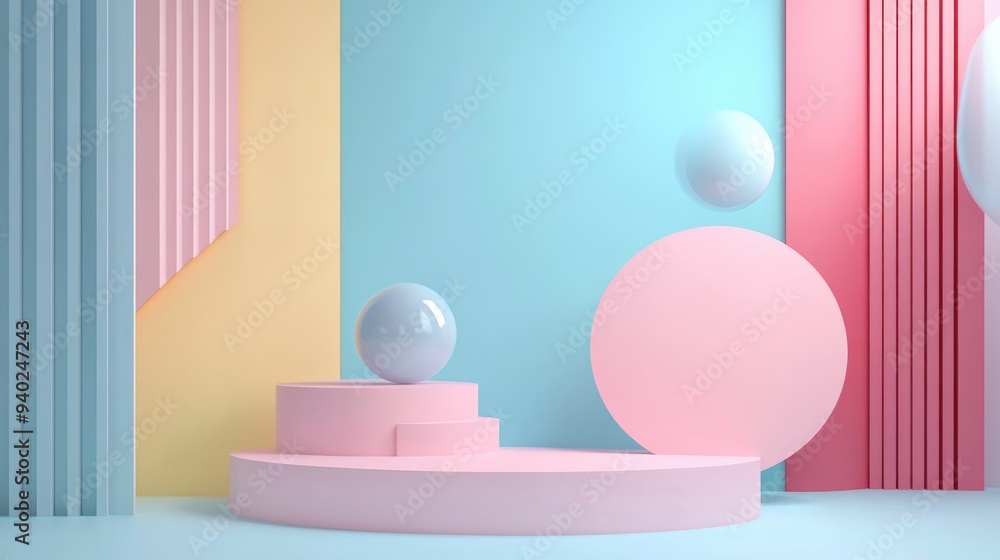 3D abstract backdrop featuring geometric shapes and a podium for showcasing products 3D abstract backdrop featuring geometric shapes and a podium for showcasing products