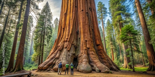 Giant sequoia tree towering over a forest, with hikers looking tiny in comparison, giant sequoia, tree, towering, forest