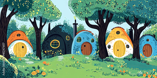 A colorful cartoon illustration of several small houses in the forest, generative AI photo