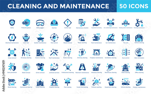 Cleaning and Maintenance icon set with safety, protective gloves, safety goggles, hard hat, caution sign, maintenance checklist, equipment servicing, air conditioning icon. Simple flat vector 
