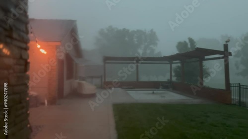 A storm with Heavy rains and lighting - severe weather in and high winds hit a backyard with a pool and a pergola