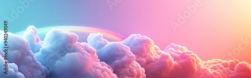 3D illustration of vibrant pastel clouds and a rainbow featuring a blank area for children s or infant s products photo