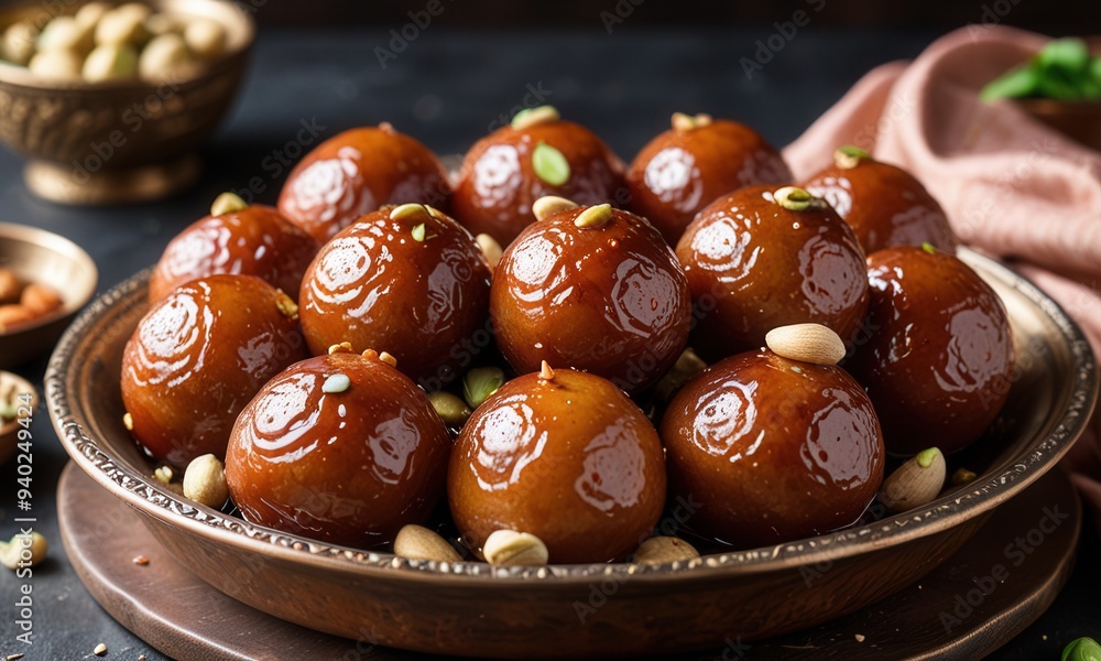 a close-up scene capturing the syrupy sheen on a pile of freshly made gulab jamuns in a copper serving dish, surrounded by scattered almonds and pistachios