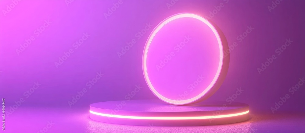 3D abstract neon light pink podium for showcasing products A vibrant ring illuminates a cosmetic stage Empty circular platform rendering in a contemporary studio for presentation on a purple gradie 3D abstract neon light pink podium for showcasing products A vibrant ring illuminates a cosmetic stage Empty circular platform rendering in a contemporary studio for presentation on a purple gradie