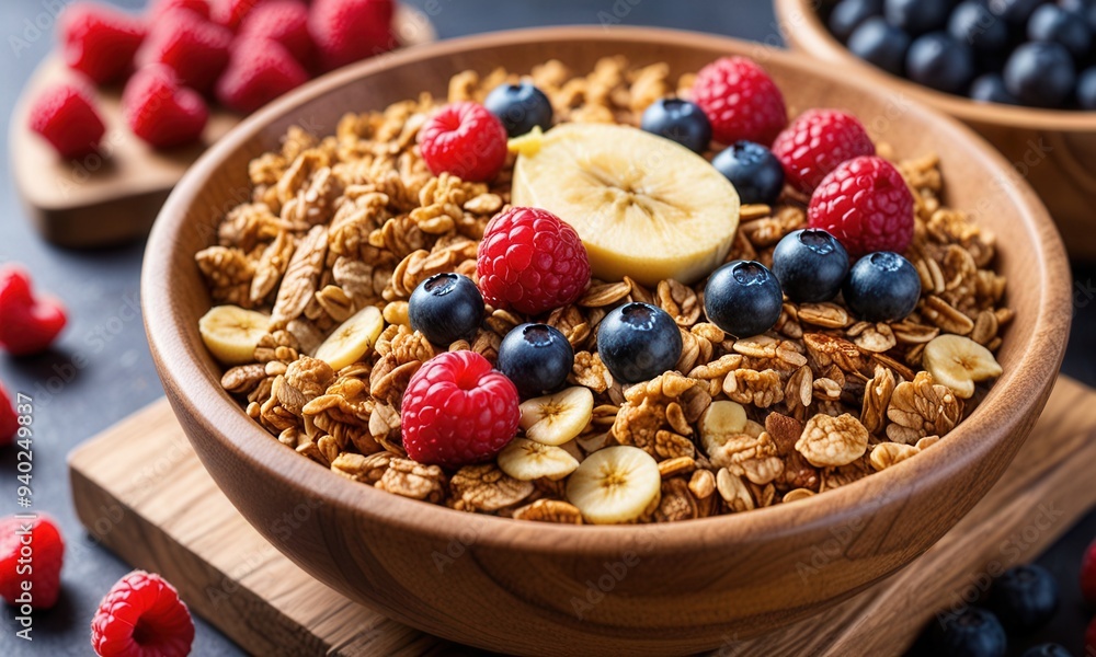 a close-up view of crunchy granola in a wooden bowl, accompanied by fresh raspberries, blueberries, and banana slices, with soft natural lighting a close-up view of crunchy granola in a wooden bowl, accompanied by fresh raspberries, blueberries, and banana slices, with soft natural lighting