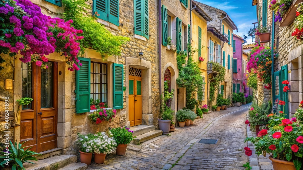 Fototapeta premium Charming cobblestone streets lined with colorful shutters and blooming flowers in a beautiful old town of Provence