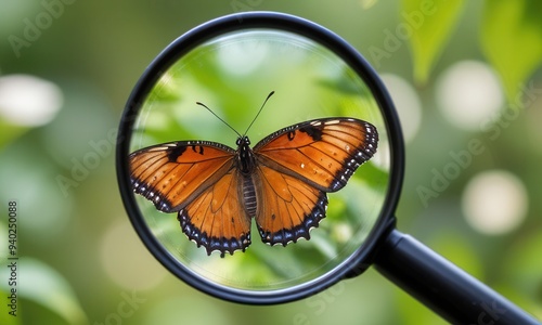 A close-up view through a magnifying glass revealing the delicate details of a butterfly’s wing pattern against a blurred garden background.