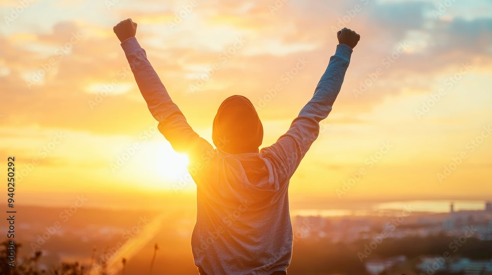 A person celebrates a stunning sunrise, raising arms in joy, embodying triumph and hope against a vibrant sky. A person celebrates a stunning sunrise, raising arms in joy, embodying triumph and hope against a vibrant sky.