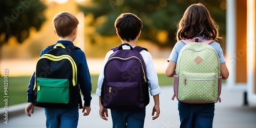 Candid, outdoor photograph featuring three children walking away from the camera, likely towards a school or bus stop 