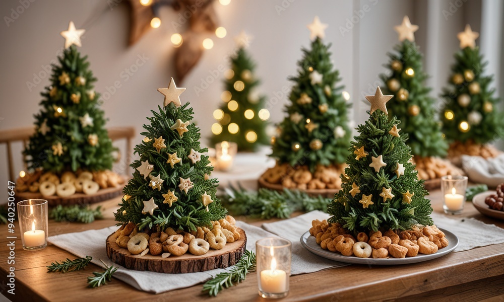 a cozy winter celebration table setting featuring creatively assembled snacks in the shape of pine trees, adorned with star-shaped toppings and delicate green herbs. a cozy winter celebration table setting featuring creatively assembled snacks in the shape of pine trees, adorned with star-shaped toppings and delicate green herbs.