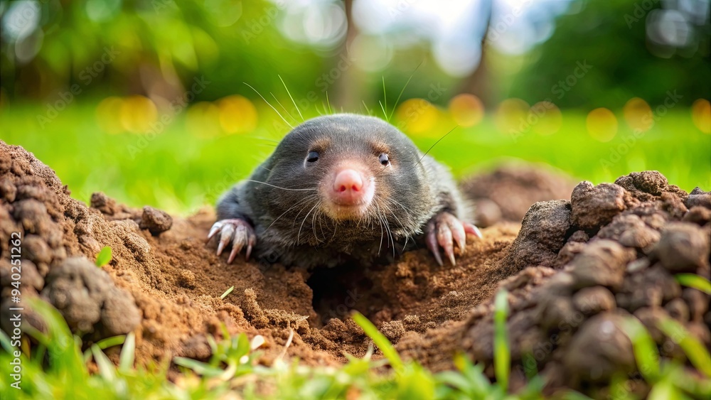 Mole crawling out of tunnel, causing damage to lawn, Mole, tunnel, damage, lawn, yard, pest, digging, soil, wildlife