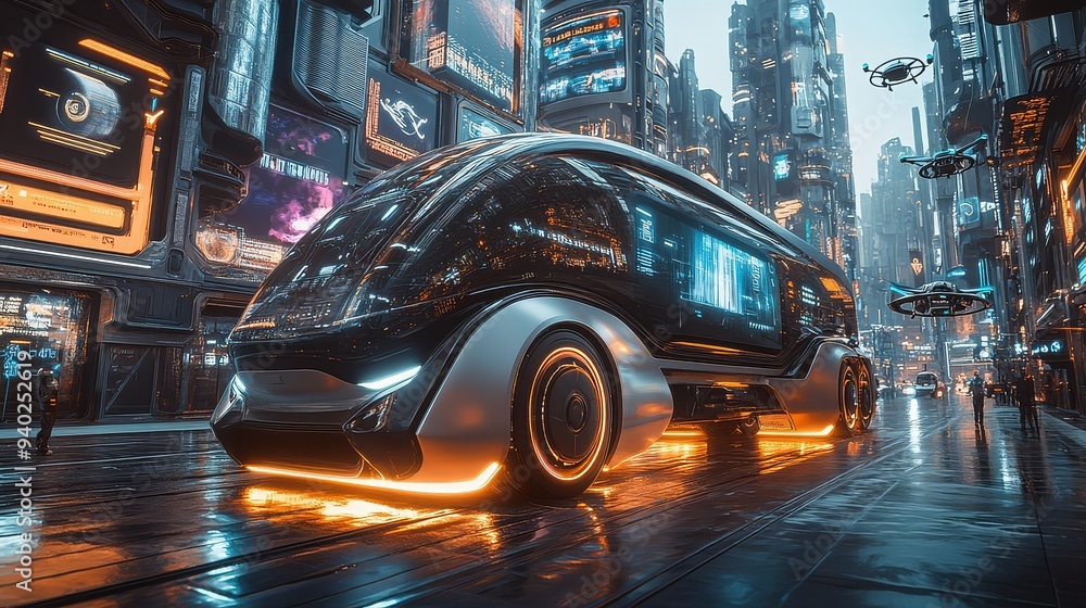 A futuristic cars driving through a high-tech citys A futuristic cars driving through a high-tech citys