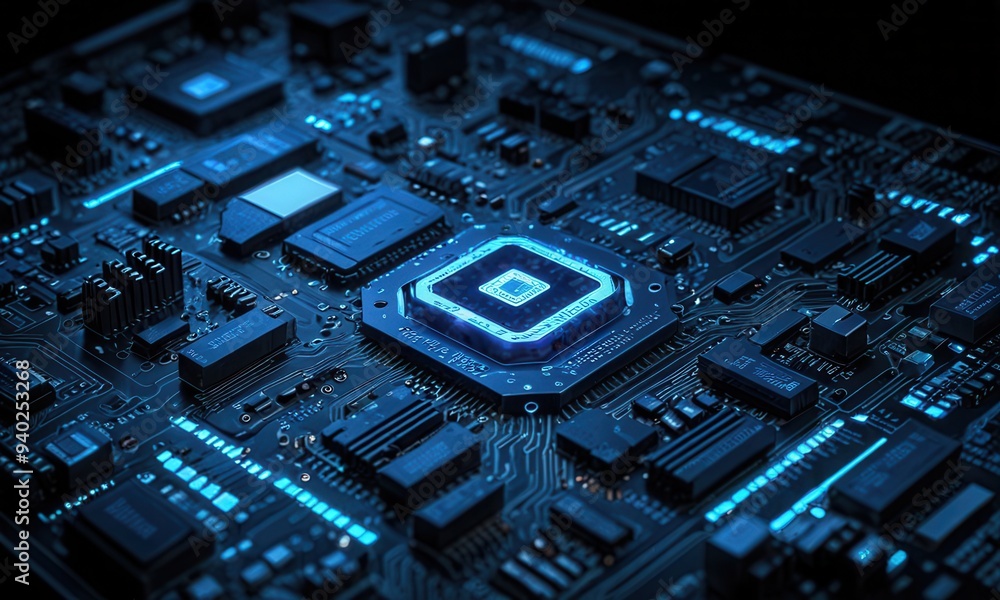 a futuristic circuit board with a prominent CPU chip illuminated by dynamic blue LED lights, symbolizing advanced computing power a futuristic circuit board with a prominent CPU chip illuminated by dynamic blue LED lights, symbolizing advanced computing power