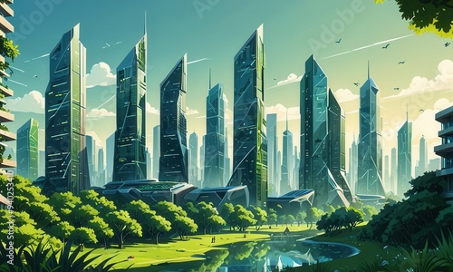 a futuristic cityscape with a green and eco-friendly theme, featuring high-rise buildings with greenery on their facades, solar panels, and lush parks interspersed between the structures. photo