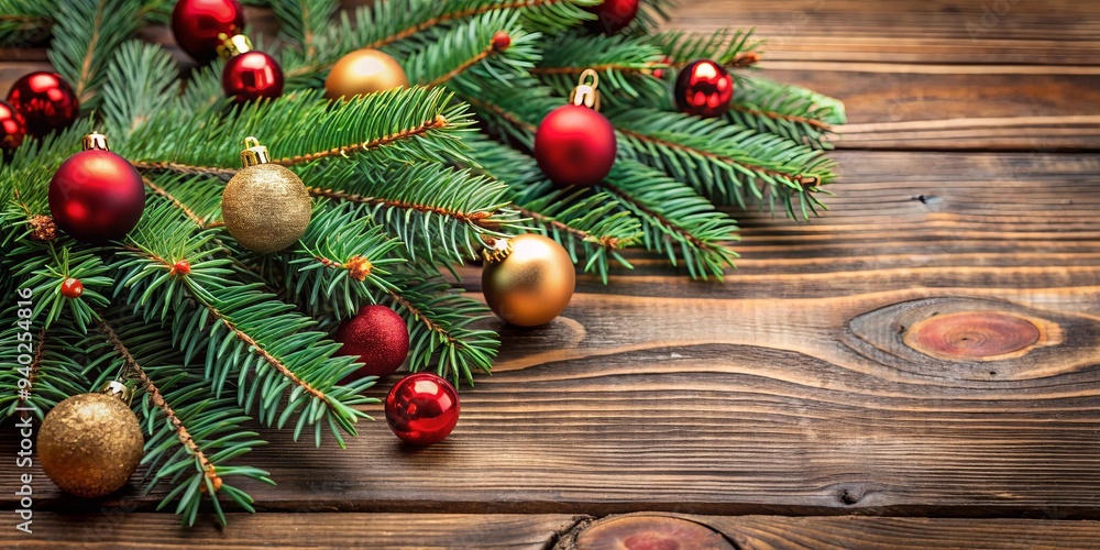 Christmas tree branch decorations on wooden table with copy space, festive, holiday, winter, ornament, greenery, rustic Christmas tree branch decorations on wooden table with copy space, festive, holiday, winter, ornament, greenery, rustic