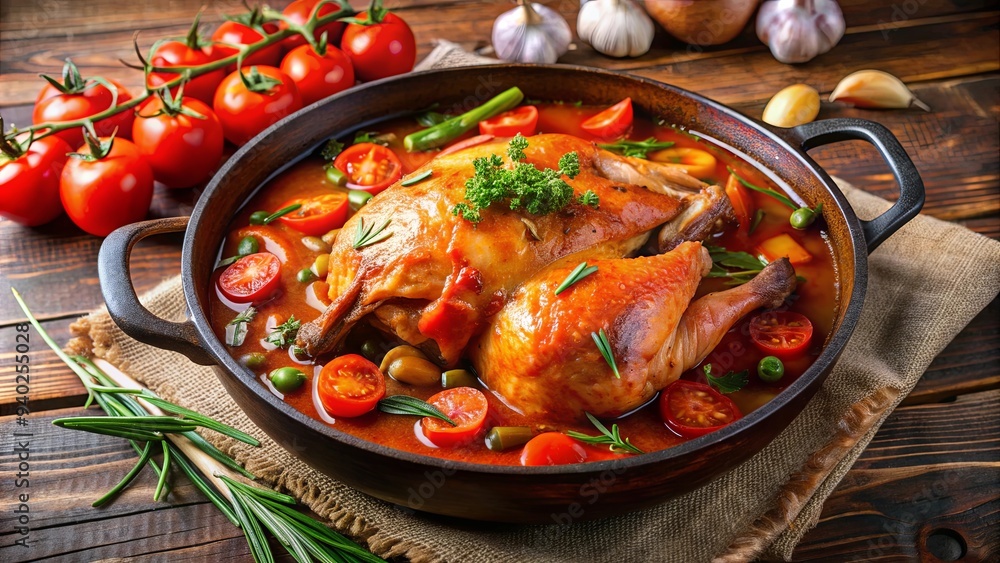 Close-up of slow stewed rooster in tomato gravy with vegetables in a pan on the table , Slow, stew, rooster, tomato gravy Close-up of slow stewed rooster in tomato gravy with vegetables in a pan on the table , Slow, stew, rooster, tomato gravy