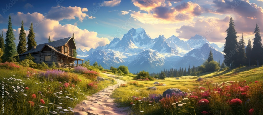 Fototapeta premium Beautiful summer landscape with wooden cabin with mountain background, high definition photography.