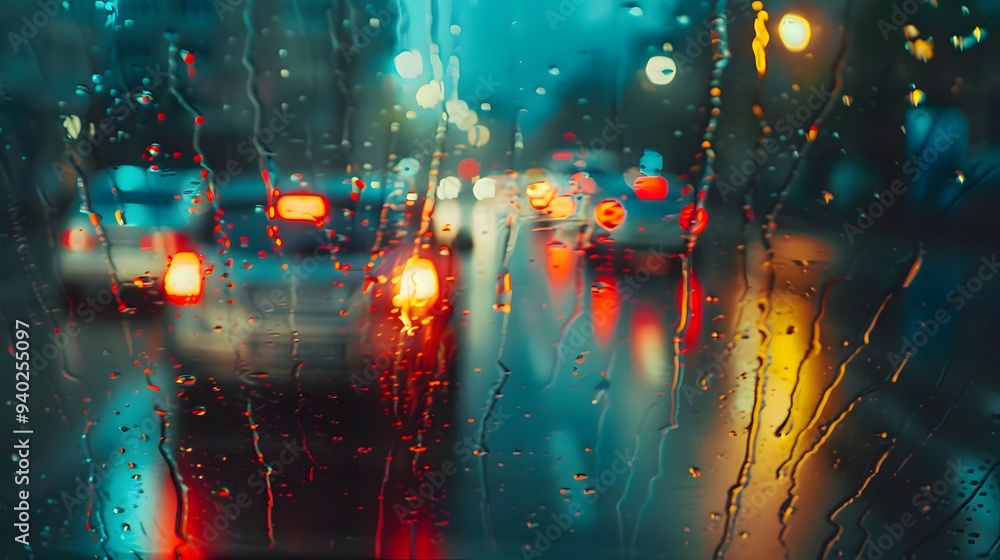 Obraz premium Rainy Cityscape Through a Window
