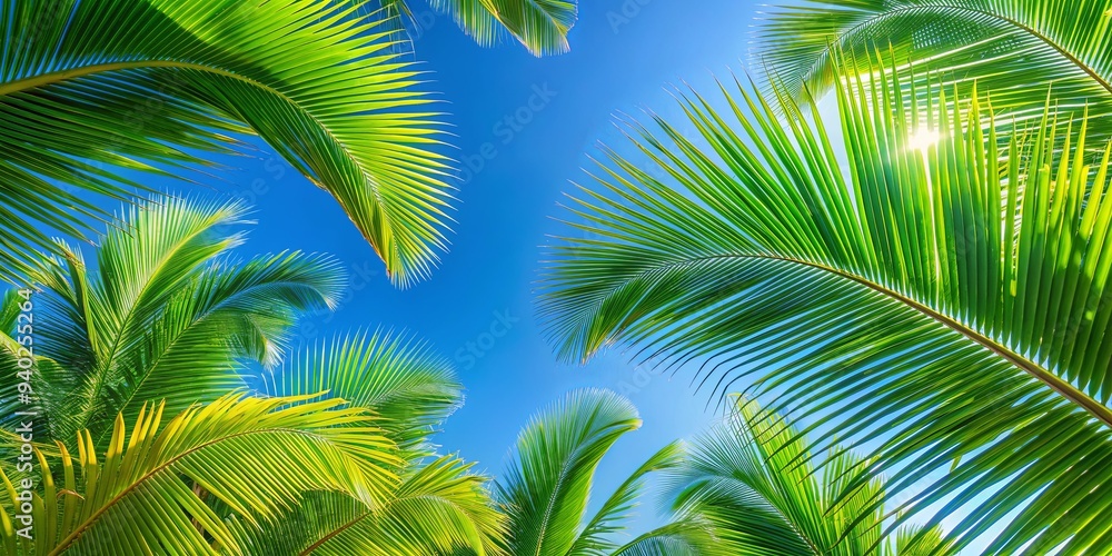 Vibrant tropical palm leaves against a clear blue sky, tropical, palm leaves, green, vibrant, exotic, foliage, botanical Vibrant tropical palm leaves against a clear blue sky, tropical, palm leaves, green, vibrant, exotic, foliage, botanical