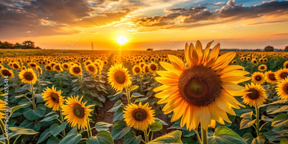 Fototapeta premium Sunflowers glowing under the setting sun in a vast field, sunflowers, field, sunset, evening, nature, beauty, vibrant
