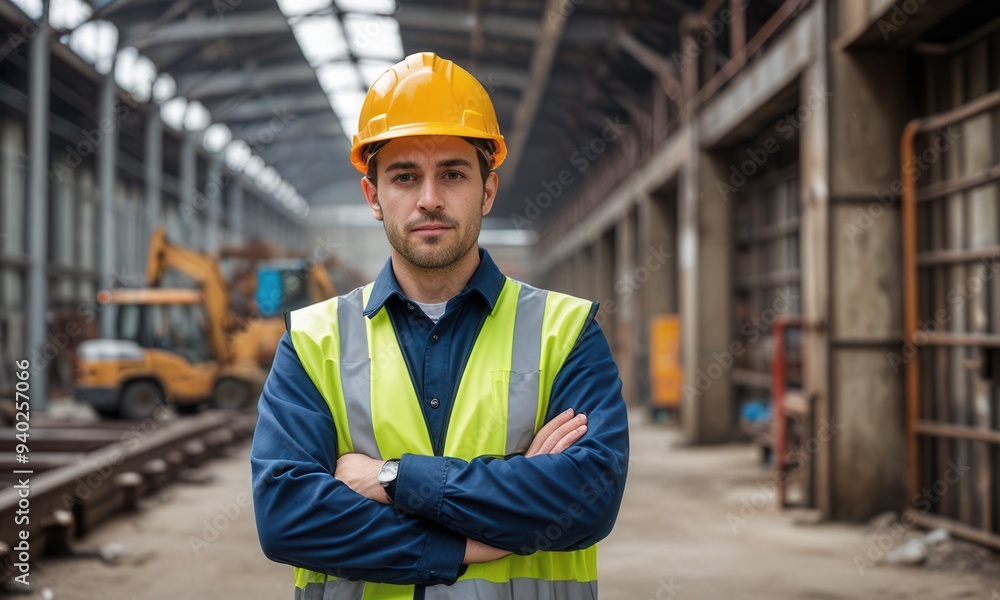 a person standing with their arms crossed in an industrial setting, wearing safety gear including a hard hat and a high-visibility vest a person standing with their arms crossed in an industrial setting, wearing safety gear including a hard hat and a high-visibility vest