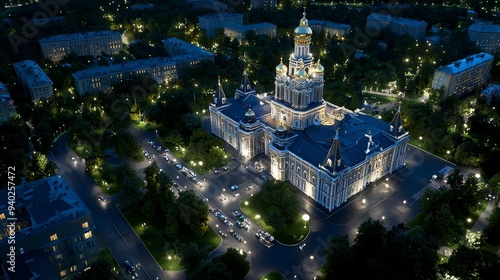 A 3D Moscow State University with soft lighting on the right, symbolizing the academic excellence of Russia.