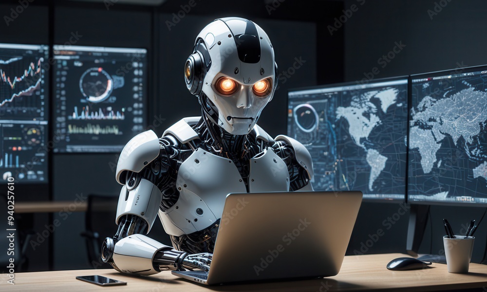 A robotic figure with a round, helmet-like head and glowing eyes, focused intently on the screen of a laptop amidst an office environment filled with digital data charts. A robotic figure with a round, helmet-like head and glowing eyes, focused intently on the screen of a laptop amidst an office environment filled with digital data charts.