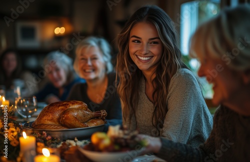 Family and friends enjoying Thanksgiving dinner at home, woman serving hot turkey to everyone