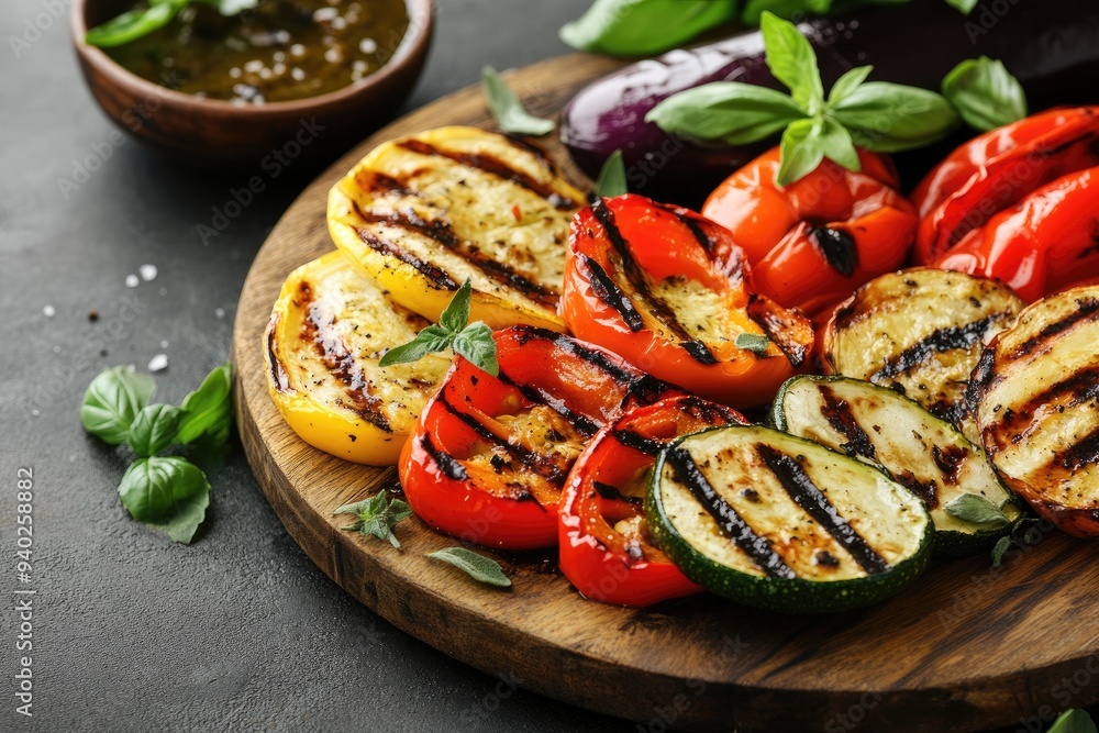 Grilled Bell Peppers, Zucchini, and Eggplant on Wooden Cutting Board Grilled Bell Peppers, Zucchini, and Eggplant on Wooden Cutting Board
