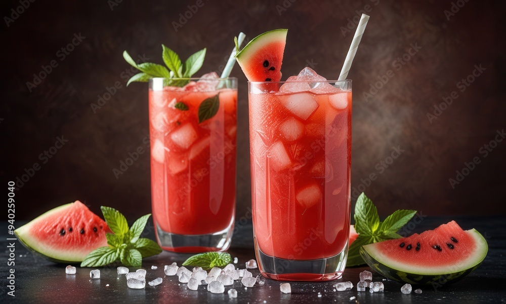 a still life of a fruity mocktail containing pieces of juicy watermelon and sprigs of mint in a sleek glass with crushed ice, presented before an inviting rouge-toned background a still life of a fruity mocktail containing pieces of juicy watermelon and sprigs of mint in a sleek glass with crushed ice, presented before an inviting rouge-toned background