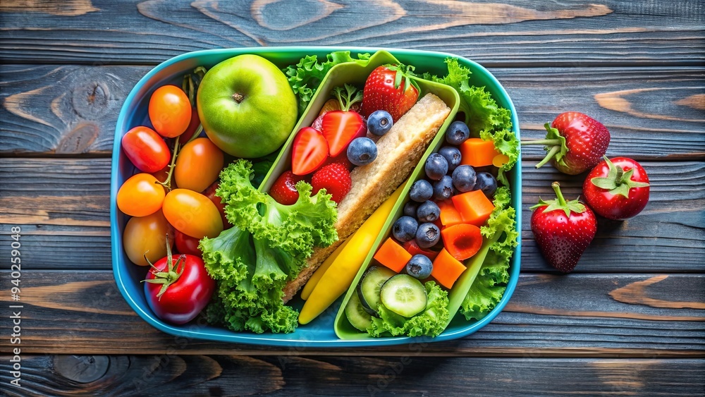 A colorful and healthy lunchbox filled with fresh fruits and vegetables , lunchbox, healthy, fruits, apples A colorful and healthy lunchbox filled with fresh fruits and vegetables , lunchbox, healthy, fruits, apples