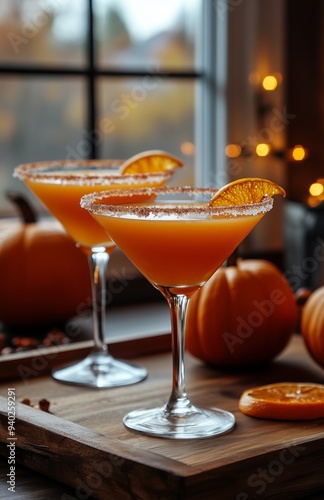 Pumpkin cocktail in martini glasses with a sugared rim, placed on a wooden tray