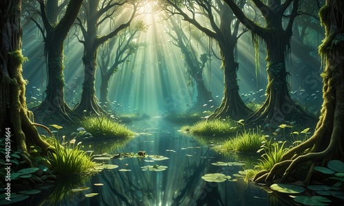 a tranquil undersea setting with beams of sunlight illuminating a forest of tall, green aquatic vegetation swaying in the current