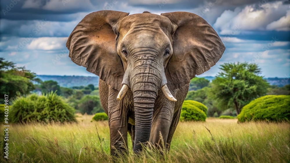 Obraz premium A majestic African elephant stands proudly in its natural habitat, showcasing its distinctive gray wrinkled skin and tusks in a striking front-facing profile pose.