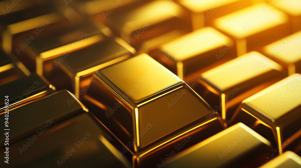Close-up of shining gold bars arranged in layers, symbolizing wealth, luxury, and investment opportunities in precious metals. Close-up of shining gold bars arranged in layers, symbolizing wealth, luxury, and investment opportunities in precious metals.