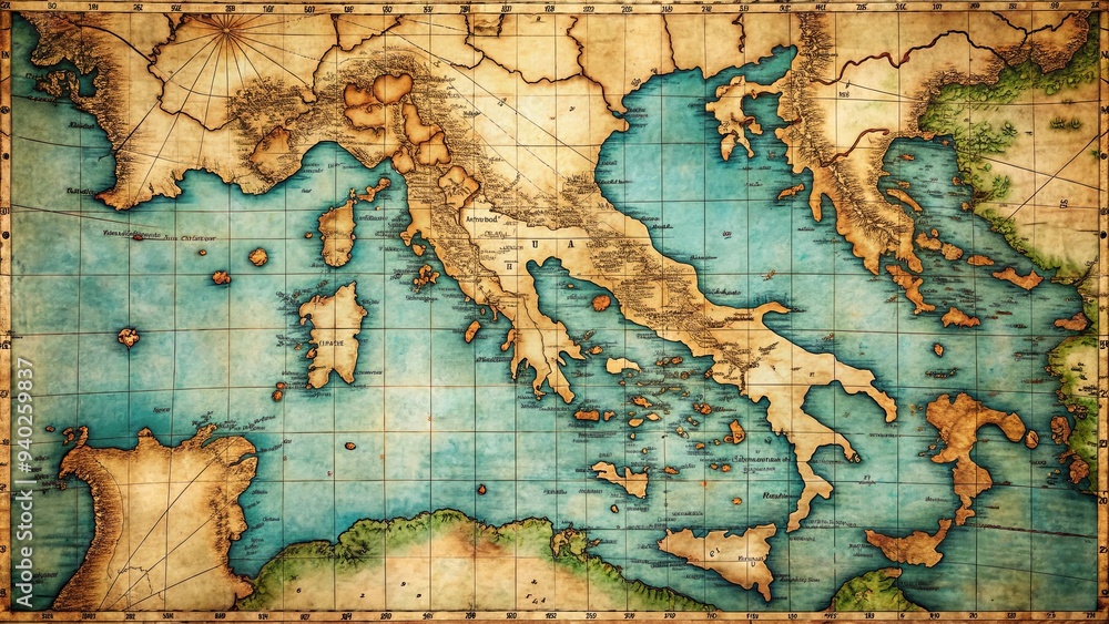 Vintage map of the Adriatic Sea showing coastlines, islands, and major ...