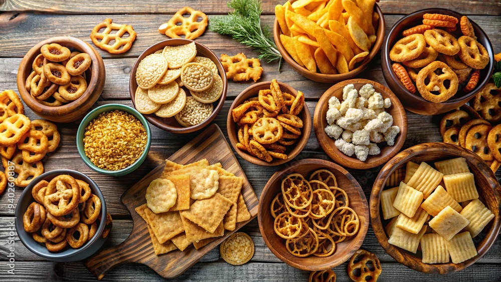 An assortment of salty snacks including pretzels, chips, crackers, and candy sweets displayed on a table , pretzels, chips An assortment of salty snacks including pretzels, chips, crackers, and candy sweets displayed on a table , pretzels, chips