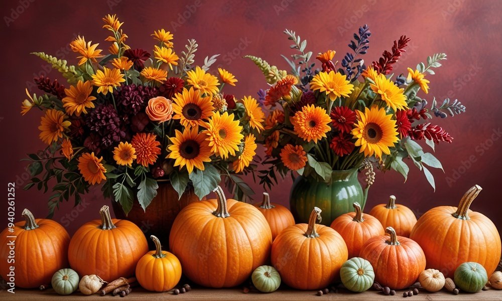 A vibrant display of pumpkins, fruits, flowers, and vegetables on a bright background, perfect for a Thanksgiving theme. A vibrant display of pumpkins, fruits, flowers, and vegetables on a bright background, perfect for a Thanksgiving theme.