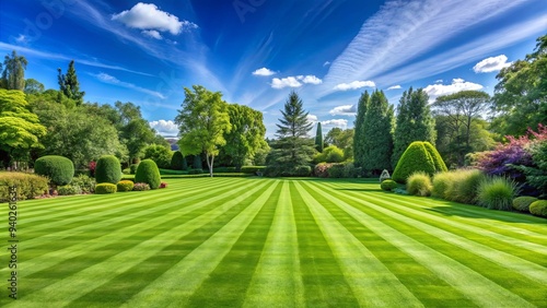 Wide, perfectly trimmed lawn under a sunny blue sky, lawn, green, grass, manicured, precision, landscaping, blue sky, sunny