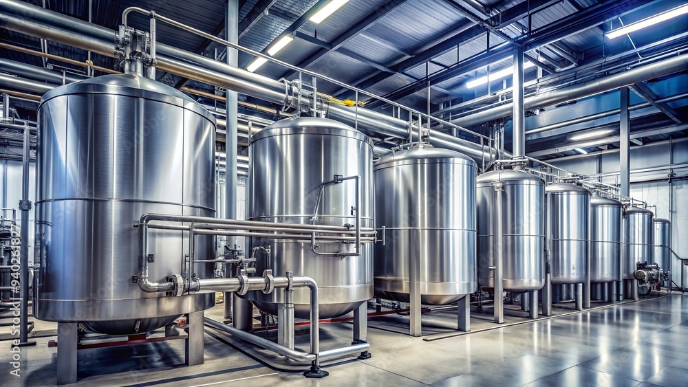 Industrial tanks and pipes in a manufacturing facility, industrial, tanks, pipes, metal, steel Industrial tanks and pipes in a manufacturing facility, industrial, tanks, pipes, metal, steel