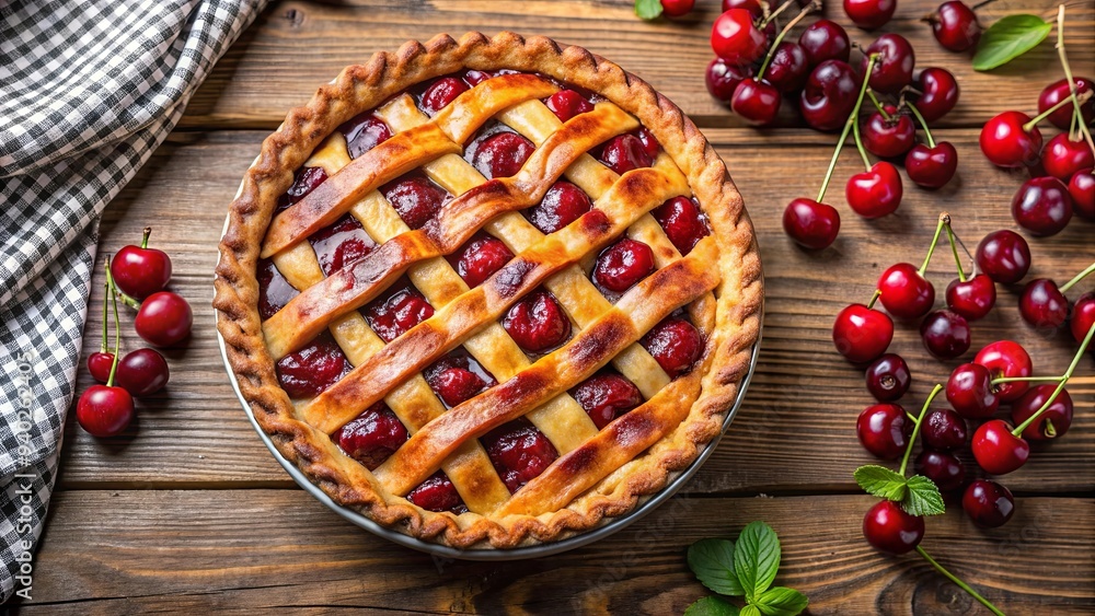 Delicious cherry pie on rustic wooden table, perfect for autumn vibes, cherry pie, red fruit, rustic, wooden table, cozy Delicious cherry pie on rustic wooden table, perfect for autumn vibes, cherry pie, red fruit, rustic, wooden table, cozy