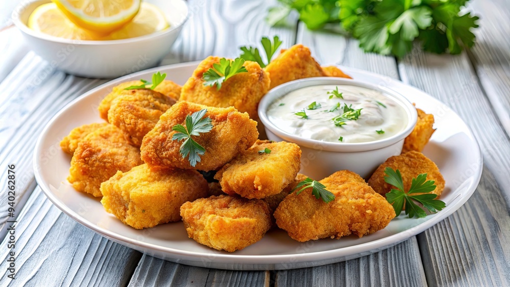 Crispy fried fish fillet nuggets with tartar sauce on a white plate, fried, fish, fillet, nuggets, crispy, tartar sauce Crispy fried fish fillet nuggets with tartar sauce on a white plate, fried, fish, fillet, nuggets, crispy, tartar sauce