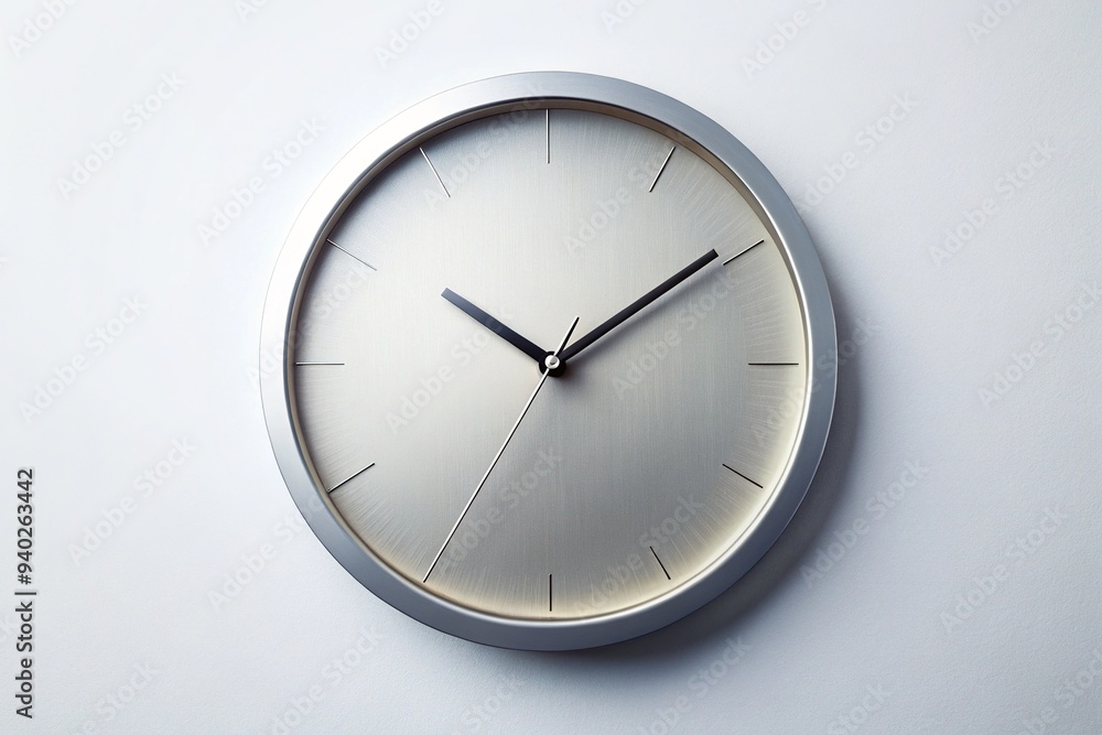 A minimalist analog clock with sleek metal hands, hour markers, and a subtle gradient effect on a clean white background, evoking precision and modernity. A minimalist analog clock with sleek metal hands, hour markers, and a subtle gradient effect on a clean white background, evoking precision and modernity.