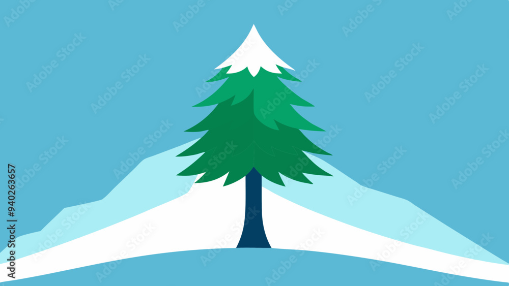 Winter Mountain Scene with Pine Tree: Black and White Silhouette Winter Mountain Scene with Pine Tree: Black and White Silhouette