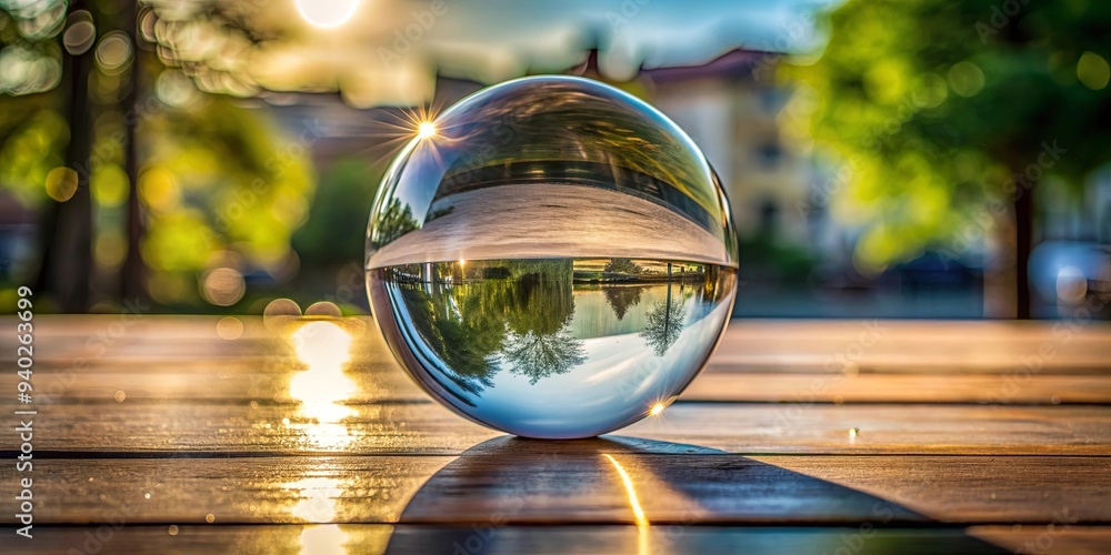 Glass sphere on table reflecting in mirror, glass, sphere, reflection, table, mirror, shiny, round,surface, decor Glass sphere on table reflecting in mirror, glass, sphere, reflection, table, mirror, shiny, round,surface, decor